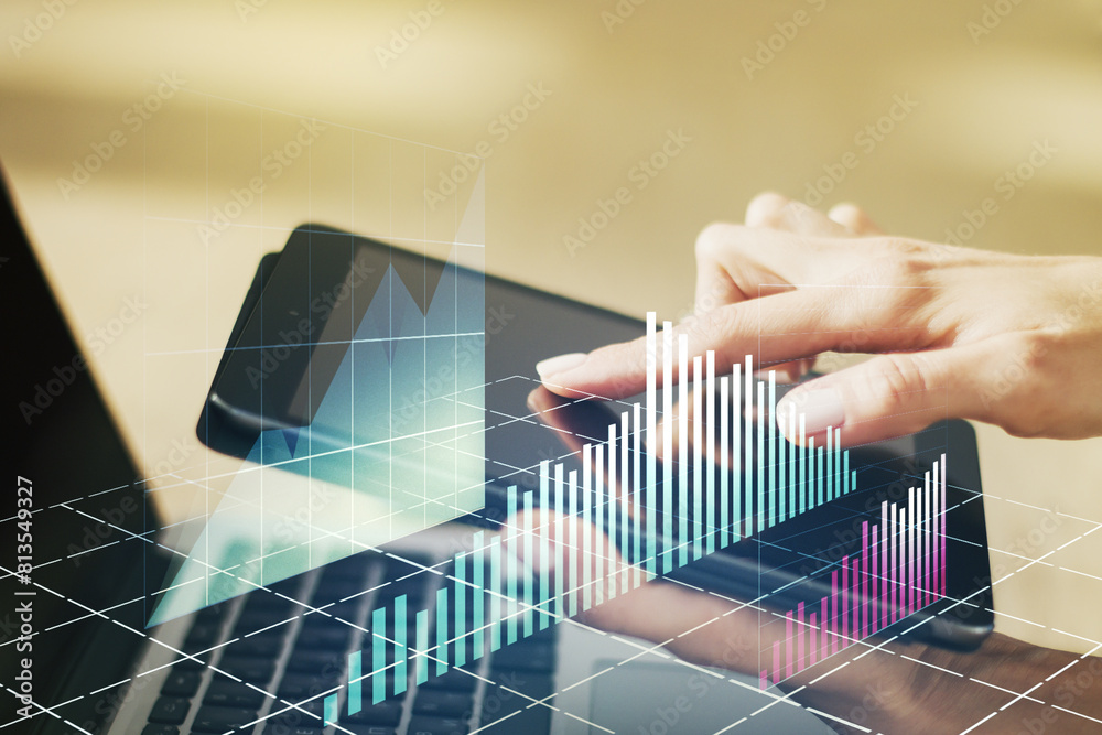 Poster multi exposure of abstract financial graph and hand working with a digital tablet on background, fin
