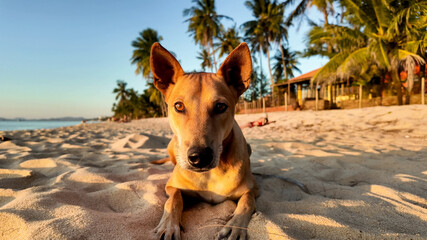 Brown dog lounging on a sandy beach at sunset with palm trees in the background, ideal for summer vacation and tropical relaxation themes