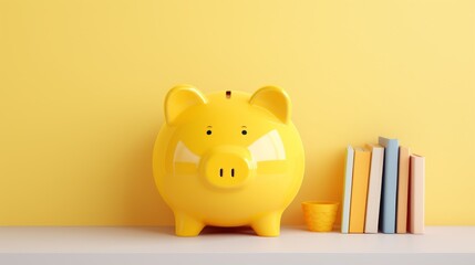 Yellow piggy bank positioned beside books on a yellow wall,copy space.concept of saving for university studies for children after high school,high cost of education,student loans