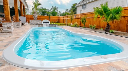 Outdoor fiberglass pool in the backyard of a home. Summer rest.