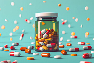 Clear pill bottle on a table full of red, yellow, orange, and white tablets. Medicine concept illustration background