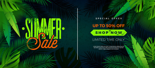 Summer Sale Design with Palm Leaces and Typography Lettering on Dark Green Background. Tropical Floral Vector Illustration with Special Offer Text Label for Coupon, Voucher, Banner, Flyer, Promotional