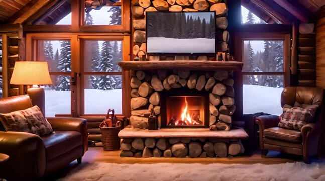 fireplace inside a log cabin during winter and snowfall from outside the window. seamless looping 4k time lapse video background