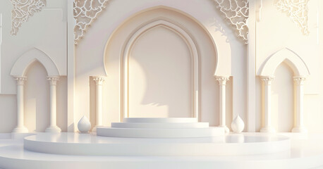 Minimalist empty podium, clean ramadhan ornament background, muslim style.