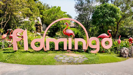 Vibrant flamingo-themed garden display with oversized letters and tropical birds, perfect for World Flamingo Day and nature park visits