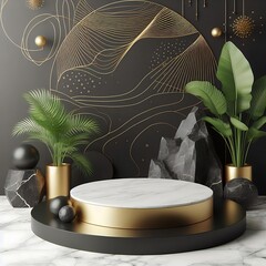 minimalist golden white marble podium stand with plant decorations, background for product presentation.