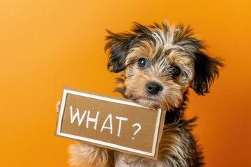 Cute Fluffy Puppy Holding a "WHAT?" Sign Against an Orange Background