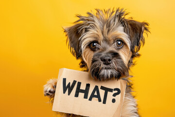 Adorable Shaggy Puppy Holding a "WHAT?" Sign Against a Yellow Background