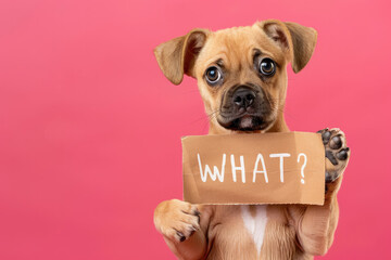 Adorable Puppy Holding a "WHAT?" Sign Against a Pink Background Copy Space