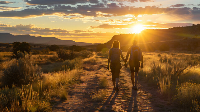 Stroll in the Sunset Glow - A couple walking hand in hand along a mountain trail, surrounded by the warm colors of the setting sun.