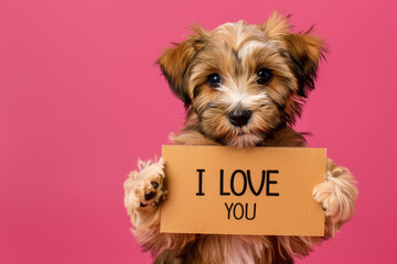 Charming Puppy with "I Love You" Sign on Pink Background Copy Space