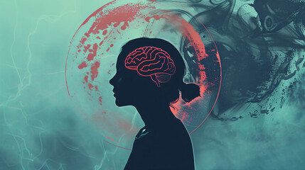 A silhouette of a woman with red neural pathways on her head, symbolizing mental health. Concept: Bipolar Disorder.
