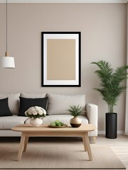 Mockup poster frame leaning against a couch, modern interior design, frame mockup