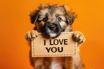 Adorable Puppy Holding "I LOVE YOU" Sign on Orange Background