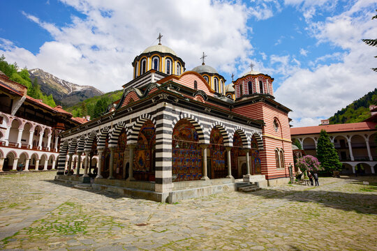 View of the Rila Monastery, the largest and most famous Eastern Orthodox monastery in Bulgaria. Famous tourist attractions. Place of worship.