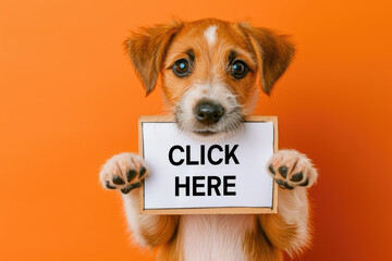 Captivating Cute Puppy Holding "CLICK HERE" Sign on Orange Background