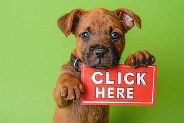 Cute Engaging Puppy with "CLICK HERE" Sign on Bright Green Background