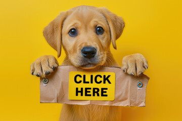 Adorable Labrador Puppy Holding "CLICK HERE" Sign on Yellow Background