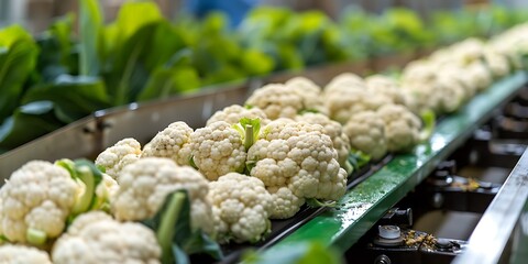 Cauliflower in a row on the conveyor belt