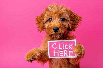 Adorable Playful Puppy with "CLICK HERE" Sign on Vibrant Pink Background