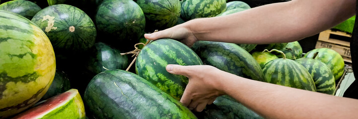 Person selecting fresh watermelons at a local farmers market, depicting healthy eating and summer...