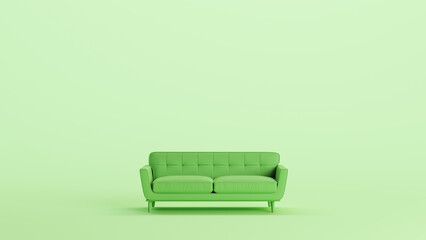 Green sofa couch furniture home decor soft tones mint background 3d illustration render digital rendering