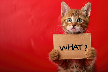 Cute Expressive Orange Kitten Holding "WHAT?" Sign on Red Background Copy Space