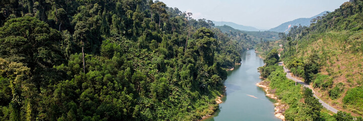 Tranquil tropical river winding through a lush rainforest, ideal for themes of ecotourism, Earth...