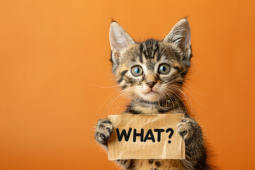  Inquisitive Adorable Tabby Kitten Holding "WHAT?" Sign on Orange Background Copy Space