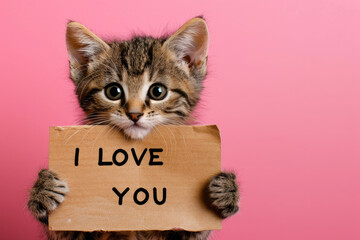 Cute Tabby Kitten Holding "I Love You" Sign on Pink Background Copy Space