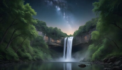 A serene waterfall framed by a canopy of stars