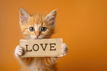 Adorable Ginger Kitten Holding "LOVE" Sign on Orange Background Copy Space