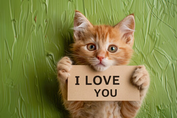 Adorable Ginger Kitten Holding "I Love You" Sign on Textured Green Background