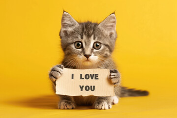 Sweet Gray Kitten Holding "I Love You" Sign on Bright Yellow Background