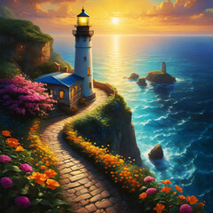 Oil on canvas.Lighthouse on the island of island.
