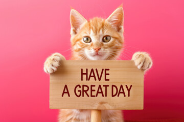 Charming Cute Ginger Kitten Holding "Have a Great Day" Sign on Pink Background