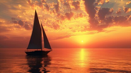 Sunset over a tranquil sea with a silhouette of a lone sailboat, vivid style