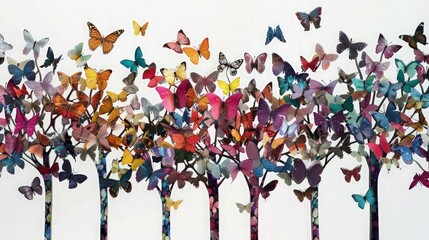 An artistic background with a single tree, its shadow on the ground forming a perfect butterflies 