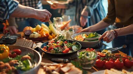 Close-up of a group of friends sitting at the table and eating healthy food