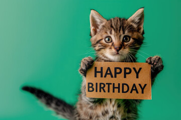 Playful Adorable Tabby Kitten Holding "Happy Birthday" Sign on Solid Green Background