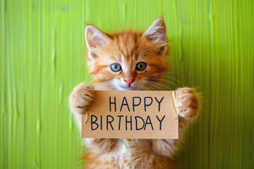 Cheerful Cute Orange Kitten with "Happy Birthday" Sign on Green Background