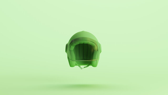 Green motorcycle helmet head protection vintage visor soft tones mint background 3d illustration render digital rendering