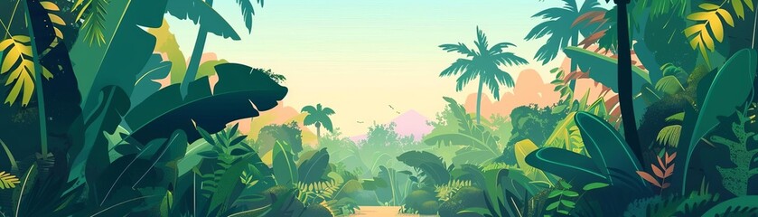 Fototapeta na wymiar Tourist Destinations lush rainforests flat design front view jungle trek theme animation Splitcomplementary color scheme