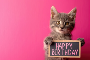 Cute Kitten Holding "Happy Birthday" Sign on Pink Background Copy Space