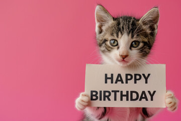 Adorable Tabby Kitten Holding "Happy Birthday" Sign on Pink Background Copy Space