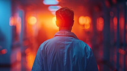 Back view. A doctor character, radiating warmth and care, representing the healthcare industry.