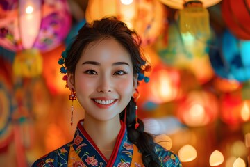 Fototapeta premium A beautiful Chinese woman in a traditional dress smiles happily against a backdrop of colorful lanterns.