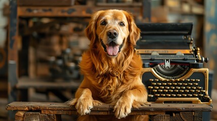 A Golden Retriever sitting beside a vintage typewriter, evoking nostalgia and literary charm, ideal for bookstores or literary events