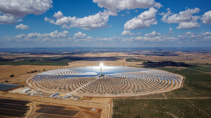 Aerial drone view of Gemasolar Thermosolar Plant in Seville, Spain. Solar energy. Green energy....