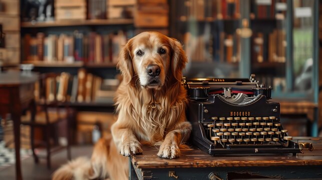 A Golden Retriever sitting beside a vintage typewriter, evoking nostalgia and literary charm, ideal for bookstores or literary events